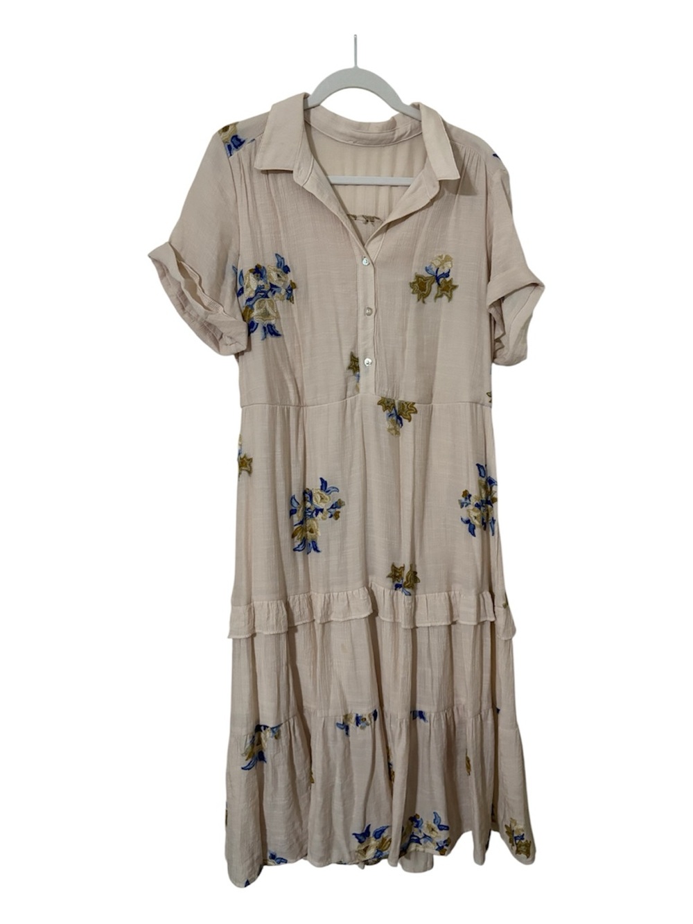 Beige Floral Button-Front Tiered Midi Dress